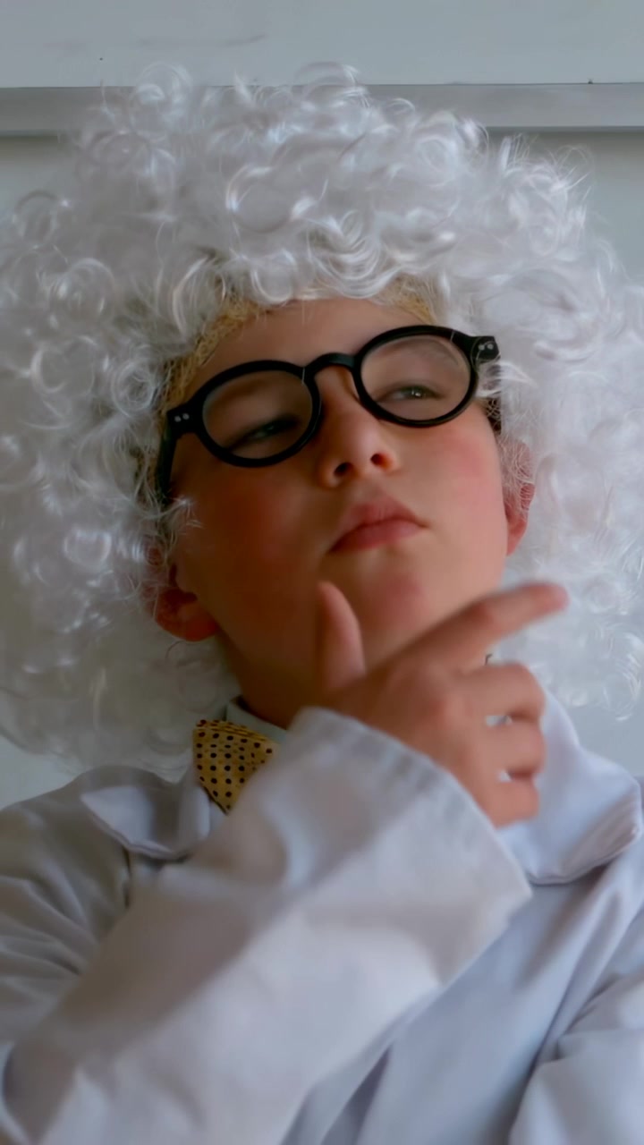 Video verticale: Bambino in camice da laboratorio reagisce a un segnale, inclinando la testa e toccandosi il mento in una stanza con parrucca e occhiali.