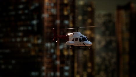 slow motion helicopter near skyscrapers at night