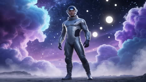 astronaut in a futuristic space suit on an alien planet under a cosmic sky