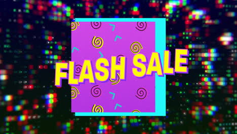 animación de texto de venta en flash sobre formas coloridas y puntos de luz sobre fondo negro
