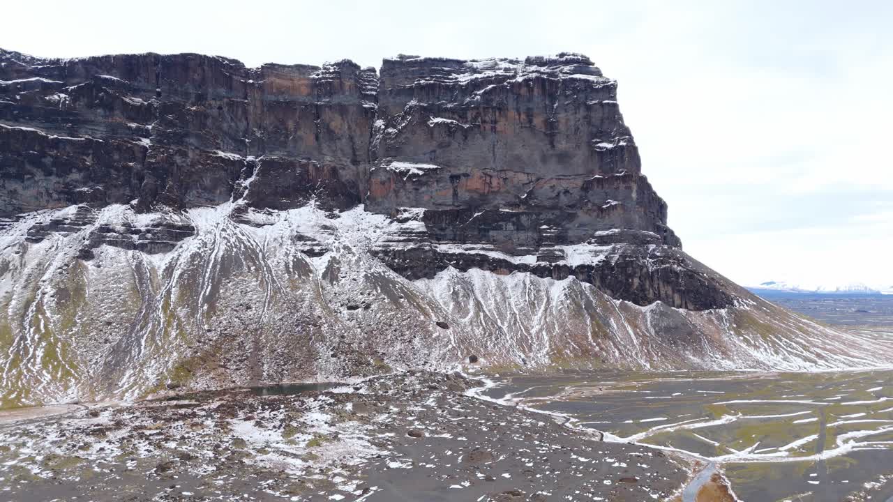 paisaje de acantilados volcánicos de tierra en islandia, fondo de horizonte de montañas nevadas, cámara lenta revelando el panorama de la reserva natural nórdica