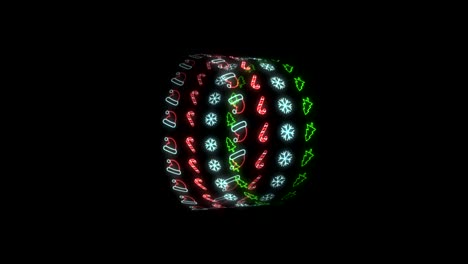 Neon-Christmas-Pattern-Background-of-Christmas-Tree,-Snowflake,-Santa-Hat-and-Candy-Cane-in-Red-Black-and-White-Looping-animation