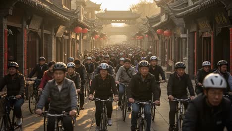a bustling scene of cyclists riding together through historic streets at dawn, capturing the vibrant energy and spirit of community in a shared journey