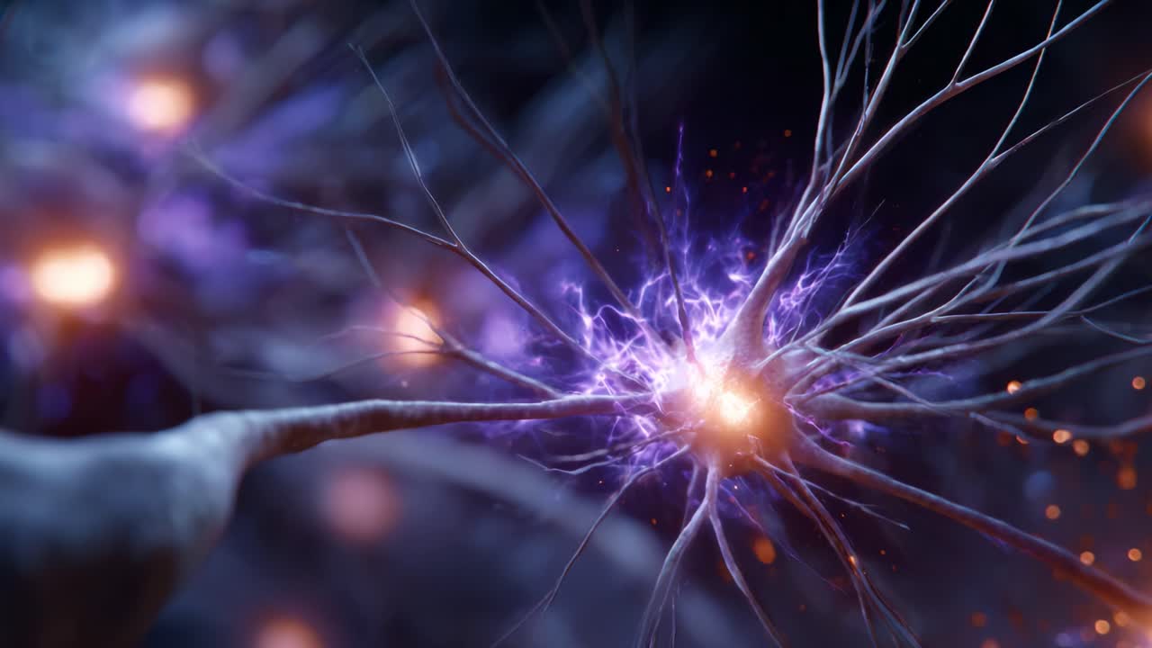 Dynamic close-up view of neurons firing, depicting complex neural connections and electrical signals in a stunning, visually captivating representation of cognition