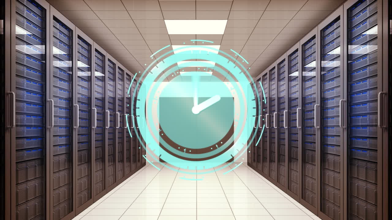 animación del reloj moviéndose rápidamente sobre los servidores de la computadora