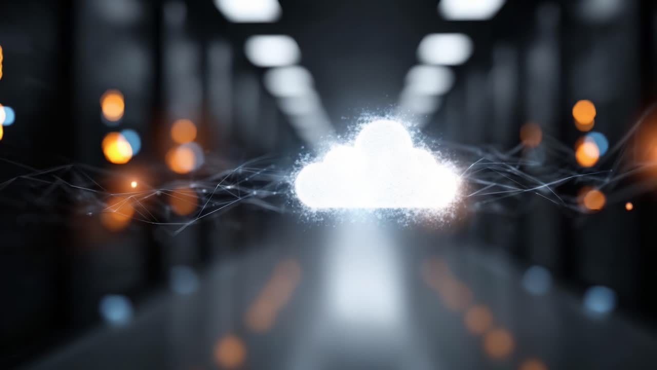 Simbolo digitale di nuvola illuminato con connessioni dati in un moderno data center, rappresentante il cloud computing e la tecnologia di rete per soluzioni di archiviazione avanzate