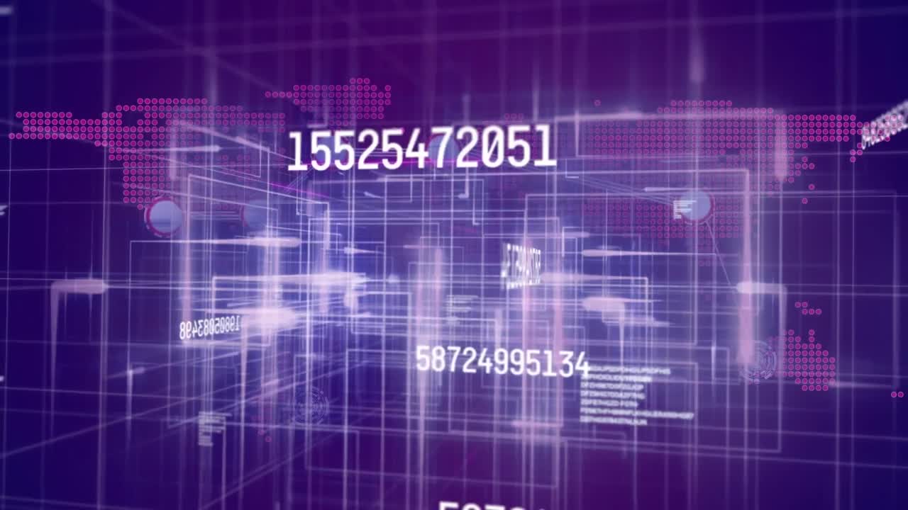 Animation of data processing and world map over blue background