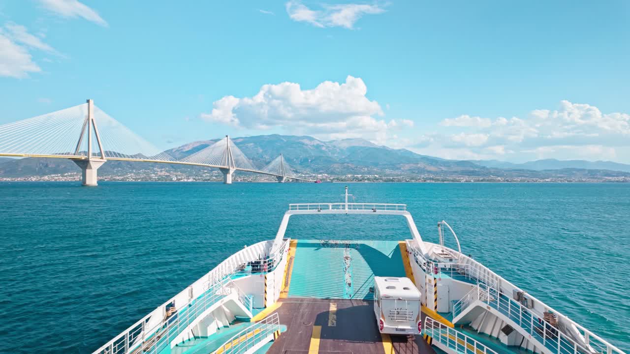 Ferry Approaching Rio-Antirio Bridge in Greece