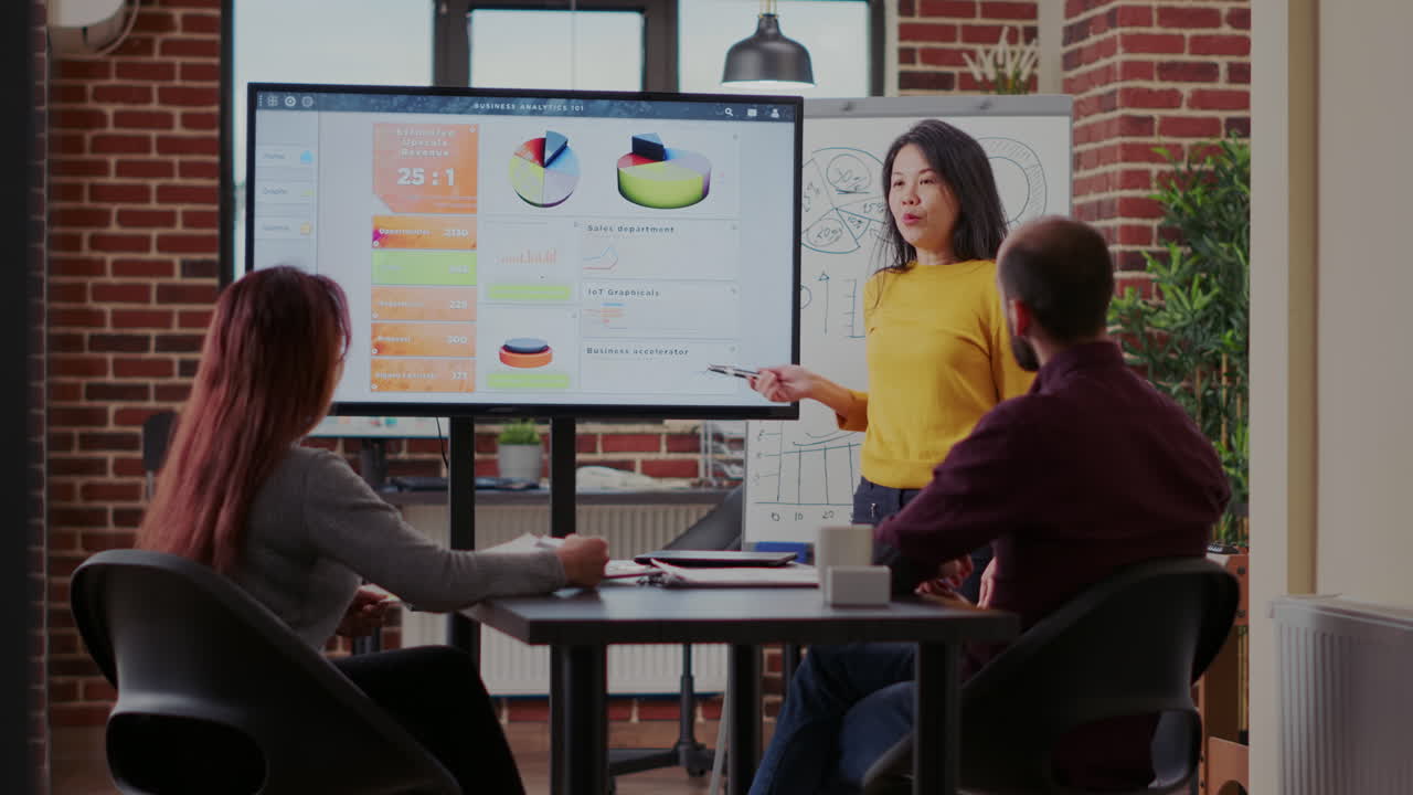 Asian woman explaining charts and graphs on presentation