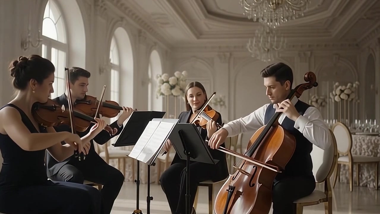 String Quartet Performing Classical Music in Elegant Ballroom