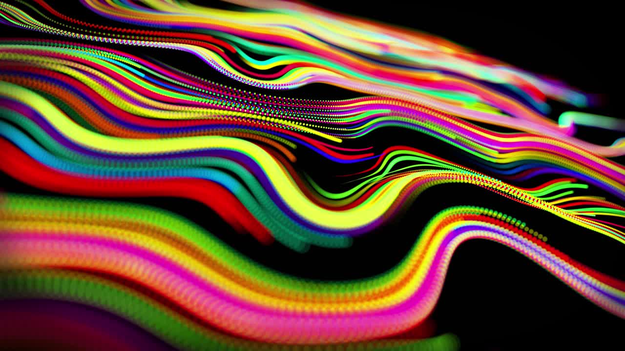 el flujo de partículas forma líneas rizadas como rastros de brillo de diferentes colores, las líneas forman un patrón giratorio como ruido de rizado. abstracto 3d bucle de flujo de animación como fondo festivo creativo brillante