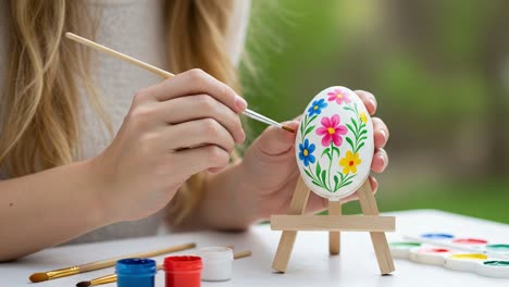 a young woman delicately painting a colorful floral design on an easter egg while seated at a table with art supplies in a bright, calm environment