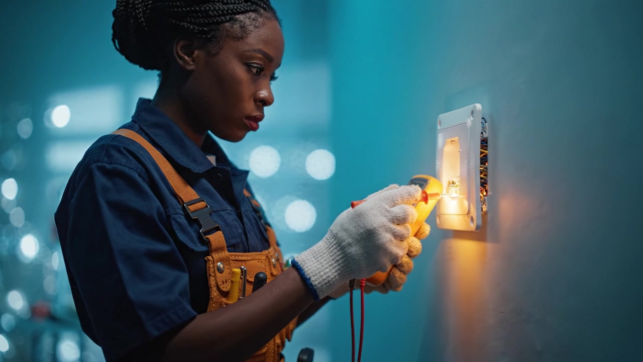 A skilled technician examines electrical wiring with a multimeter, ensuring accurate measurements and performing maintenance in a professional setting.