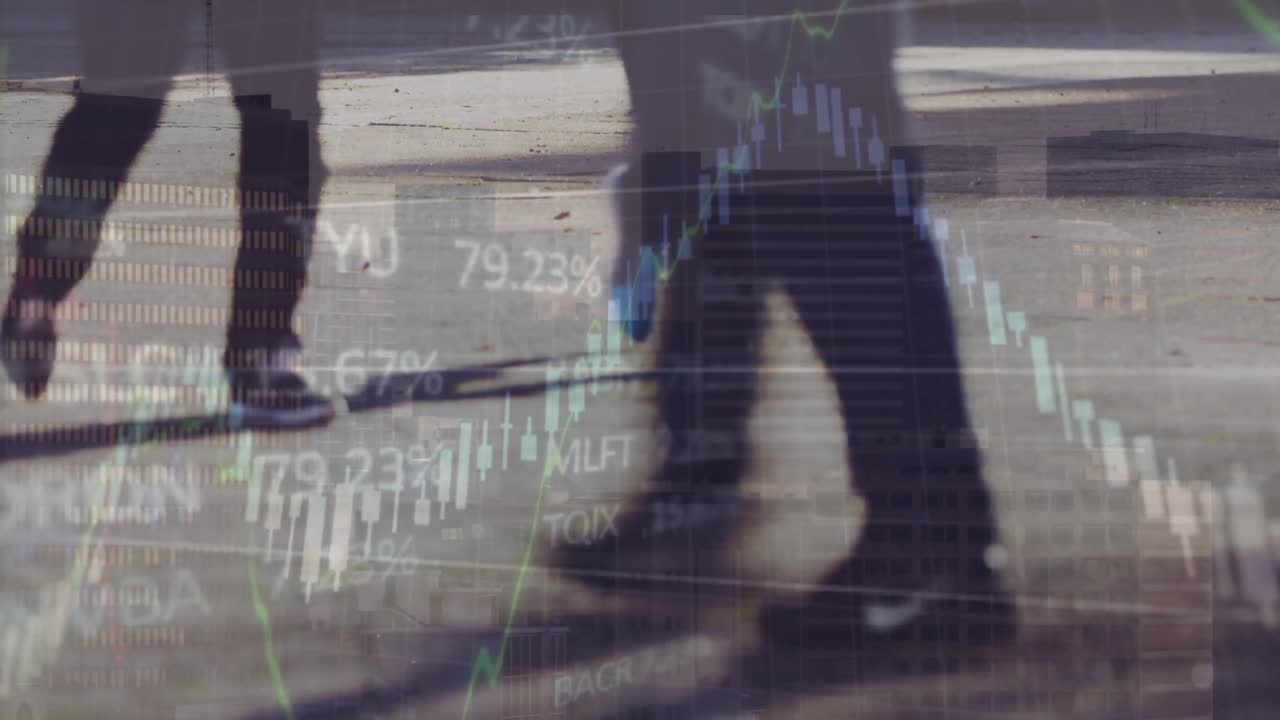 거리와 도시 풍경에서 걸어가는 사람들의 금융 데이터 처리의 애니메이션