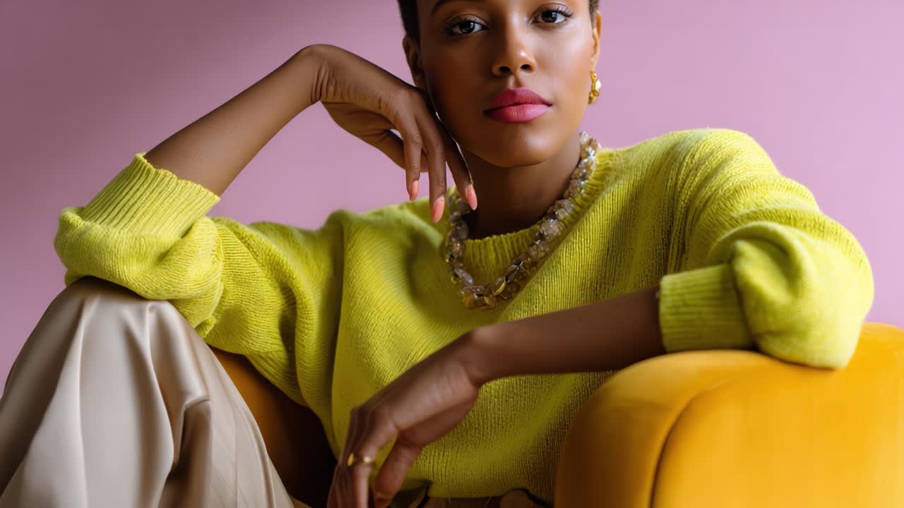 A stylish woman in a vibrant yellow sweater poses thoughtfully on a mustard-colored chair against a soft pink backdrop, exuding confidence and elegance