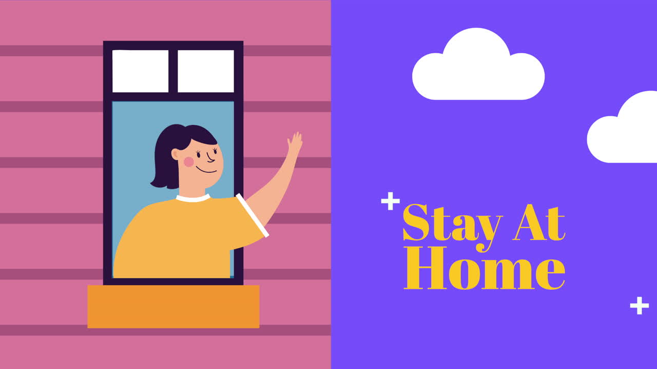 아파트 창문에 있는 여성 집에 머물 캠페인