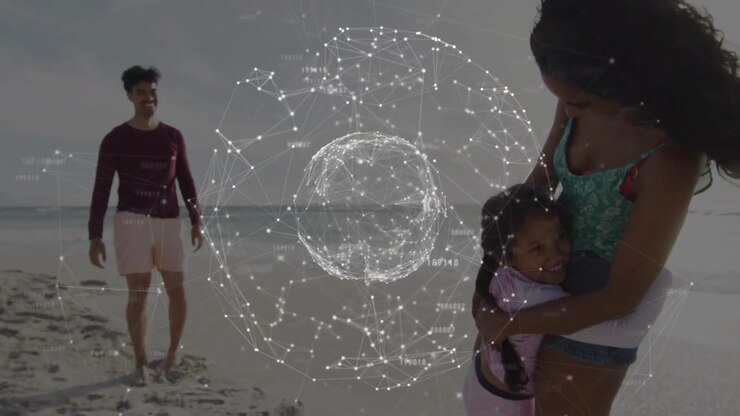 Man approaching mother lifting child into hug on shore tech sphere floating over family for bonding