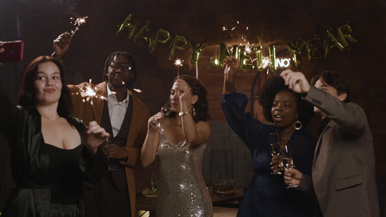 Celebrating New Year with Friends and Sparklers