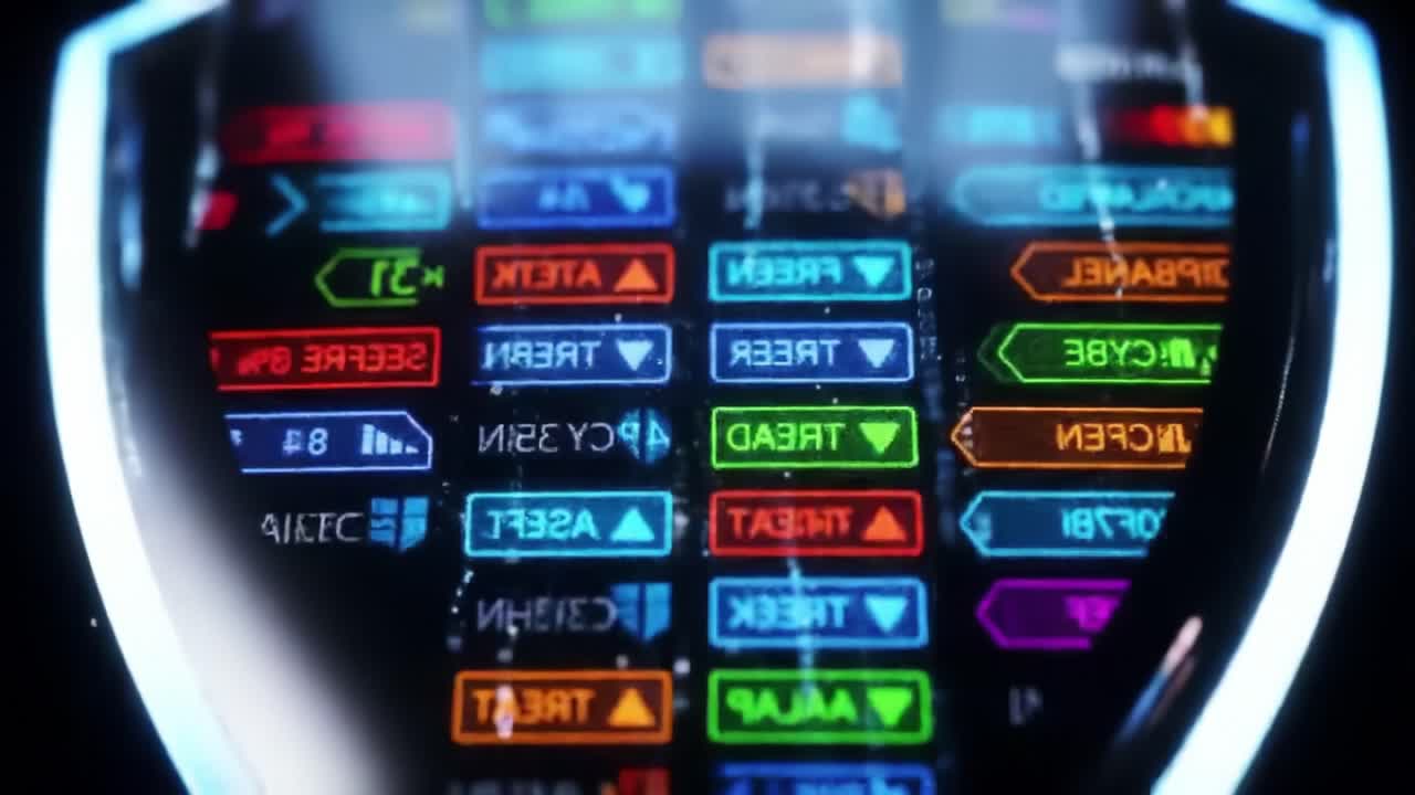 Una vista ravvicinata di un pannello display ad alta tecnologia con opzioni di navigazione multicolori, segnali e indicatori di stato che rappresentano un design di interfaccia futuristico