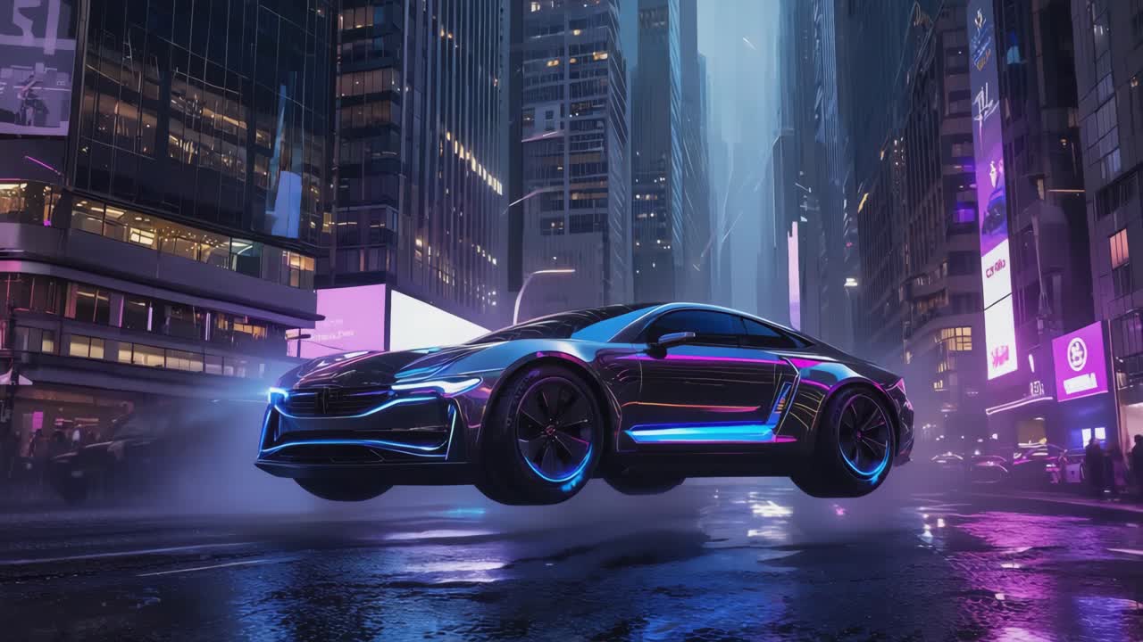 Futuristic Hover Car in a Neon-Lit City at Night