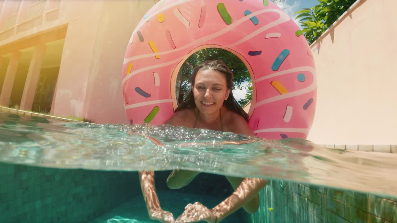 mujer con gafas de sol en bikini azul acostado en rosado inflable donut flotan en la piscina en un día soleado de verano. mira a la cámara. mujer bikini piscina en anillo de goma de sandía vacaciones relajantes