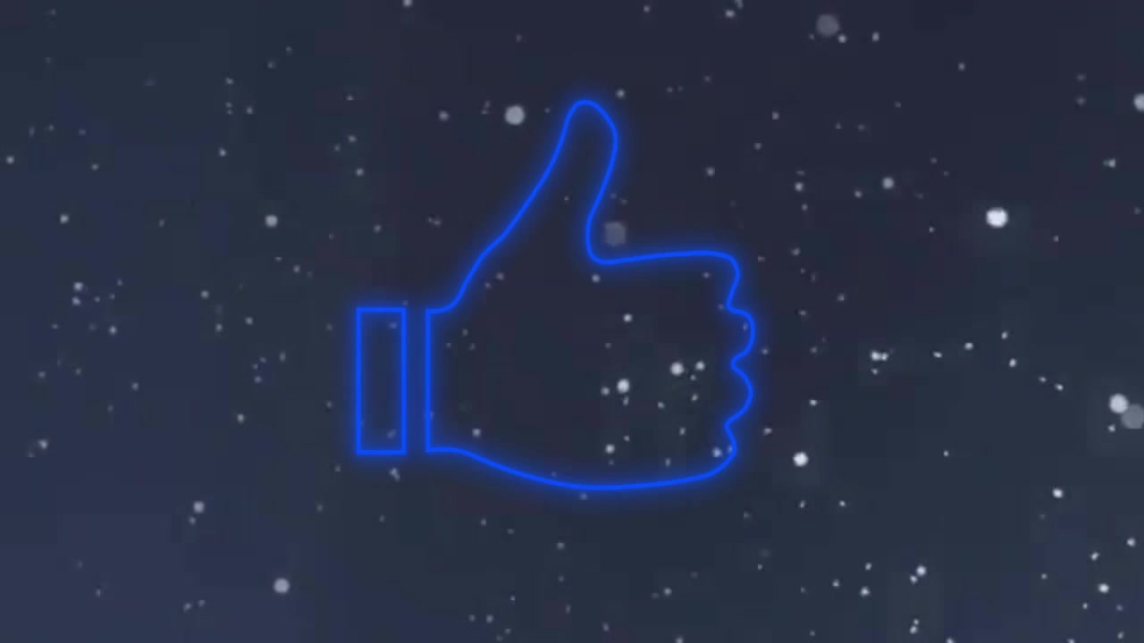 Ícone de polegar para cima em néon flutuando centralizado sobre fundo cósmico estrelado com arte de linha contínua suave