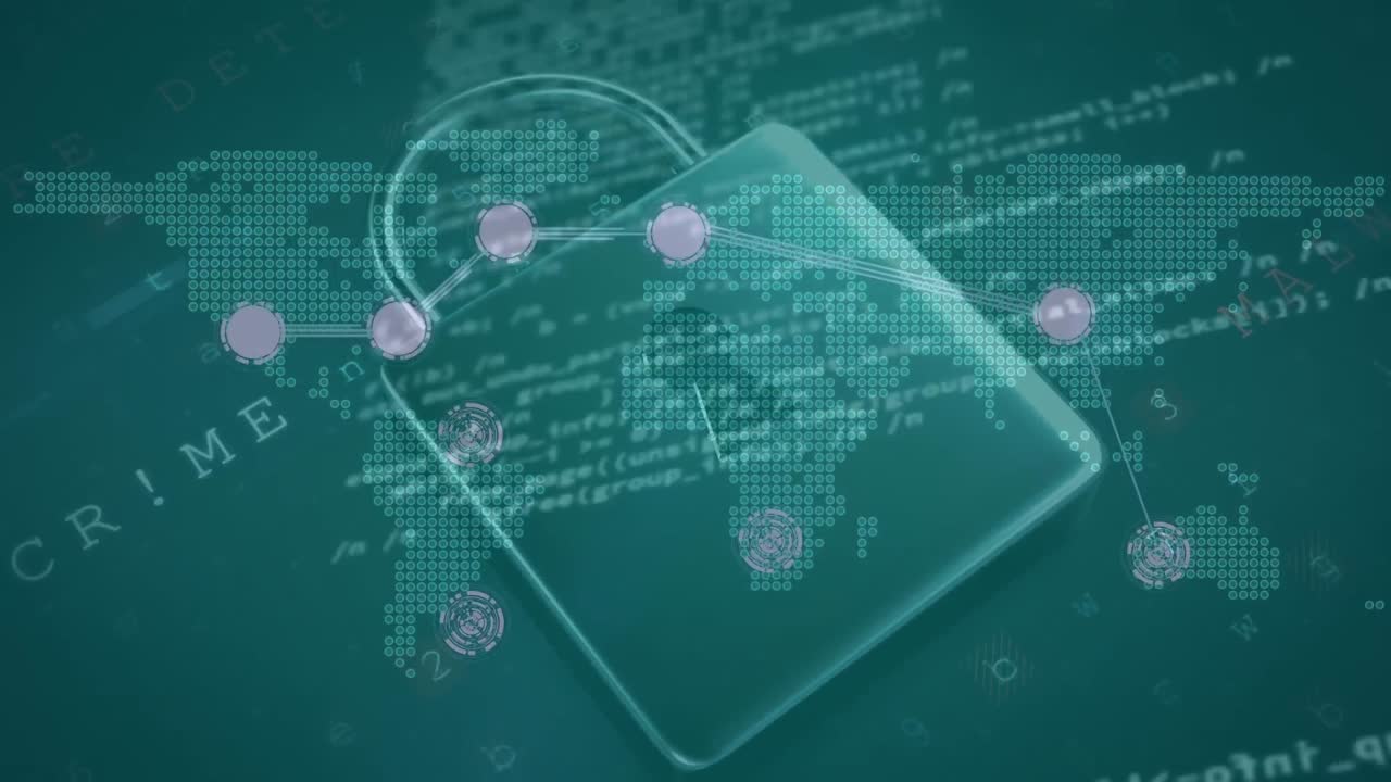 animación de la red de conexiones con el mapa del mundo y el candado de seguridad en línea