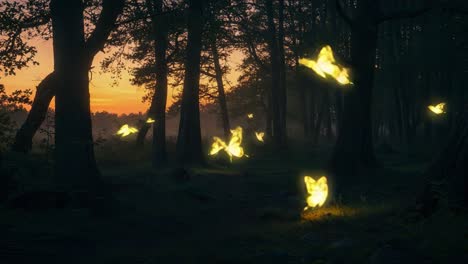 A Magical Evening in the Enchanted Forest: Glowing Butterflies Illuminating the Twilight Amidst Majestic Trees and Dreamy Atmosphere