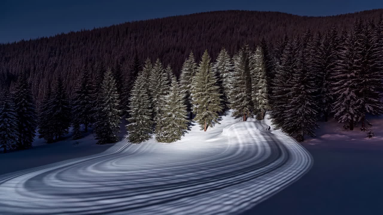 Moonlit Winter Forest with Unique Light Patterns on Snow