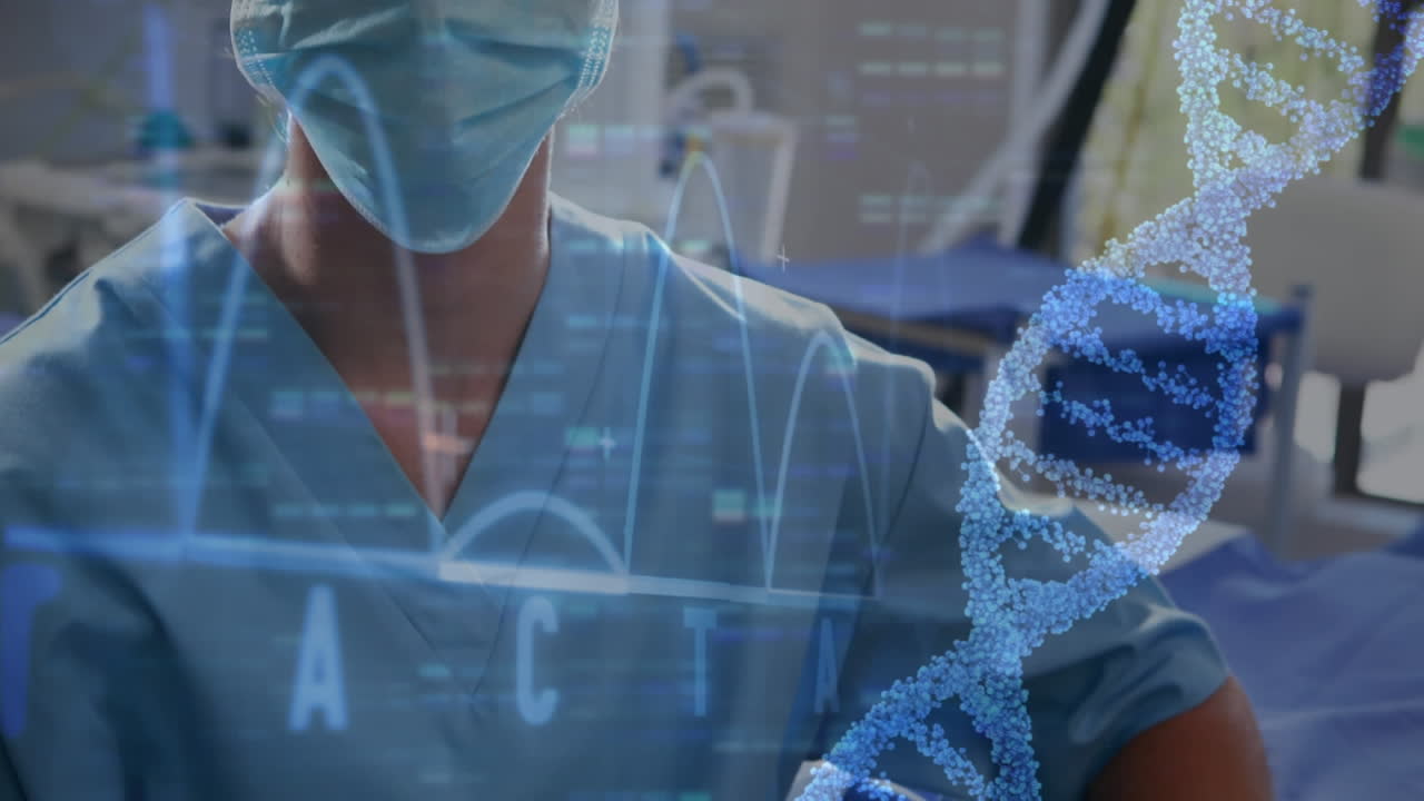 Animation of dna helix and graph over caucasian female surgeon standing arms crossed in hospital