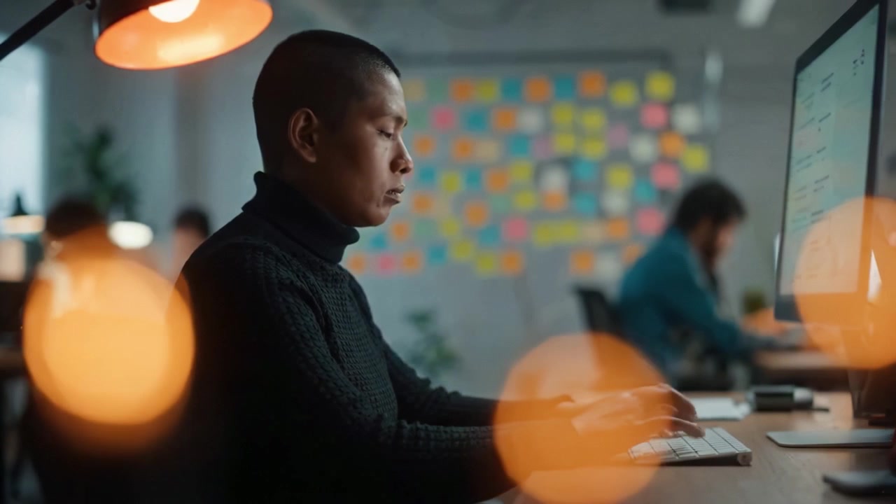 Focused Individual Working on Computer in Modern Office Environment Surrounded by Colorful Sticky Notes and Collaborative Atmosphere, Showcasing Productivity and Creativity