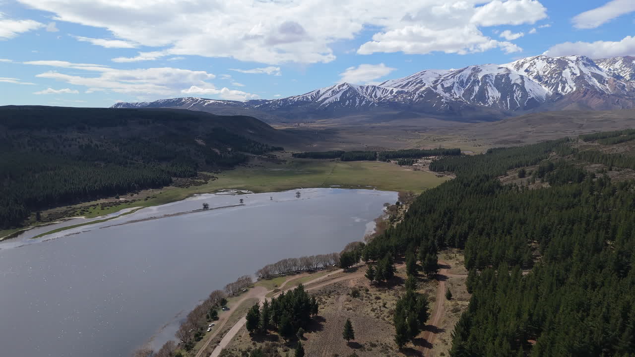 Aerial view of serene beauty of Laguna La Zeta, a natural reserve in Patagonia, Argentina.