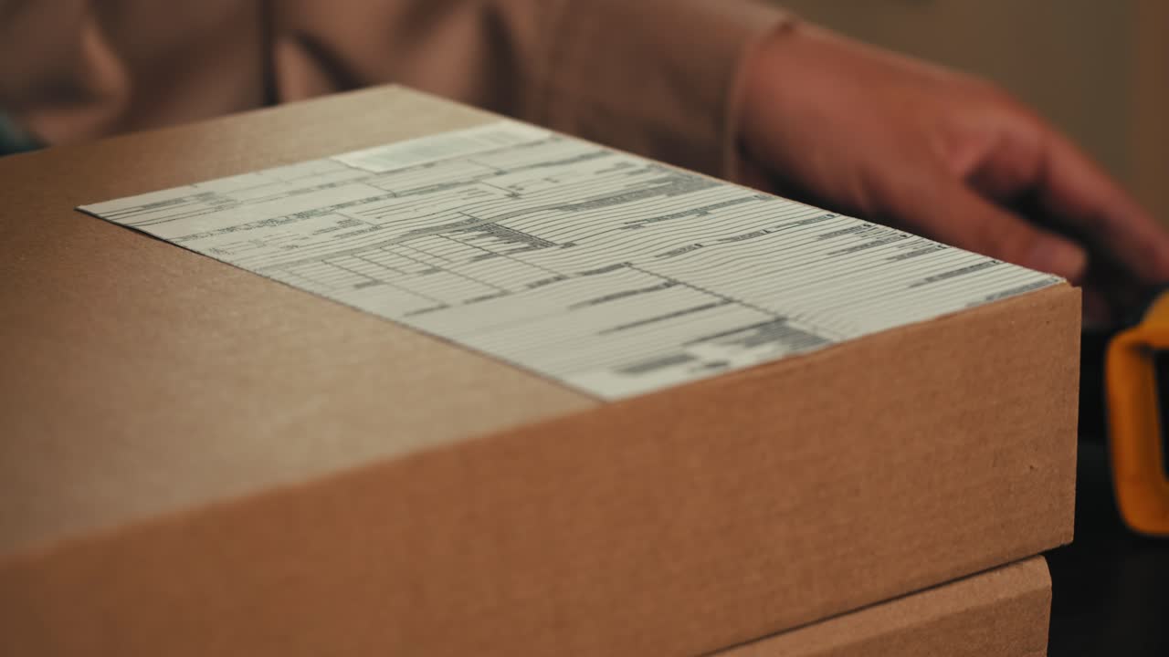 Warehouse Environment, Scanning Package Barcodes Enhances Efficiency and Operations, parcel delivery, post service for e-commerce online shopping market, close up of scanner on storage shop.