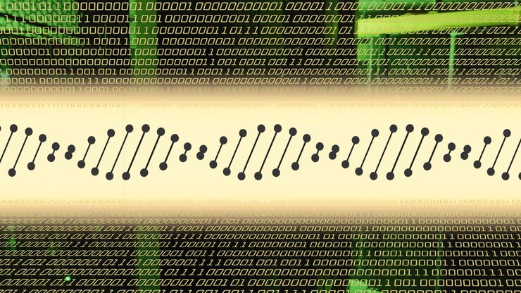 Animation eines DNA-Strangs und Datenverarbeitung über einem Serverraum