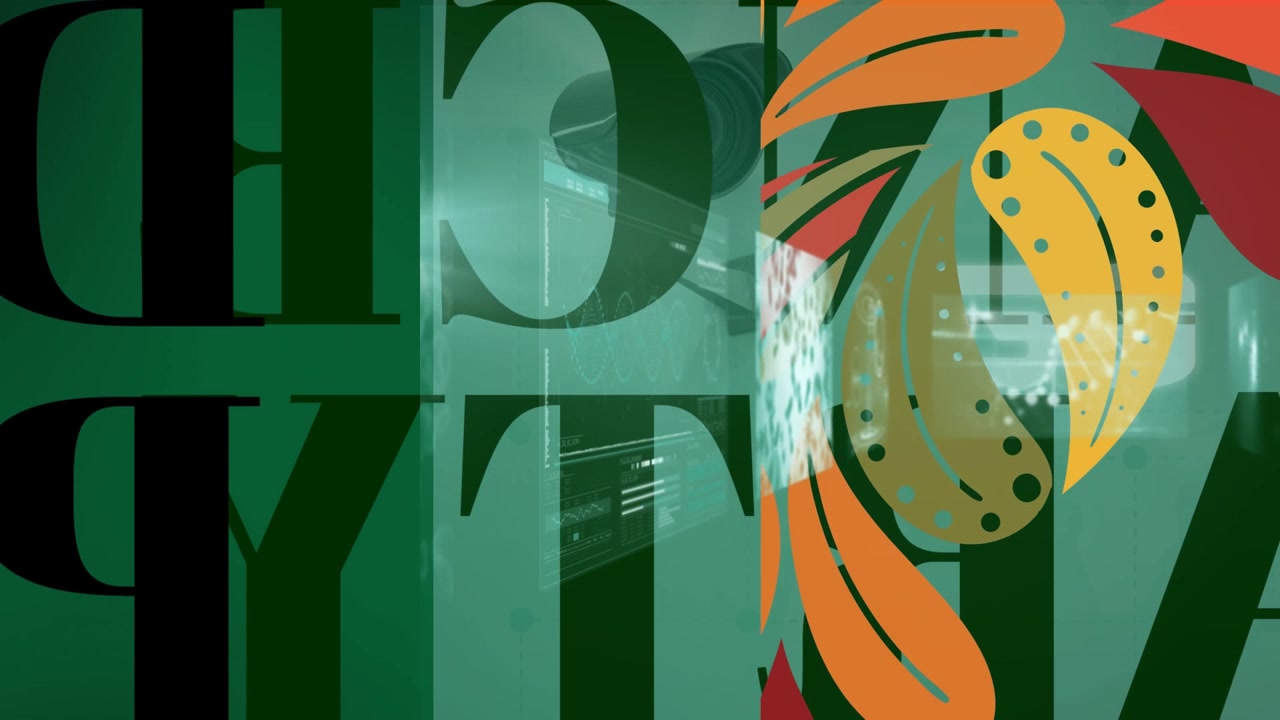 Animation of data processing over leaves on green background