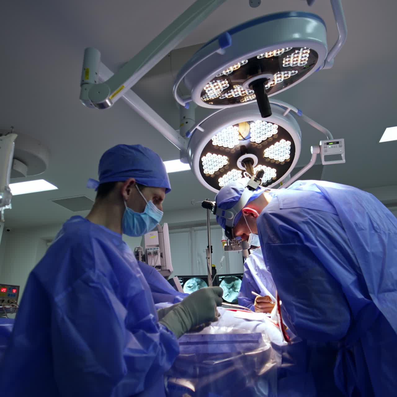 Male medic bent over the patient using tool sucking blood. Male assistant prepares sponge for the doctor