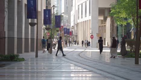 modern city street with people walking