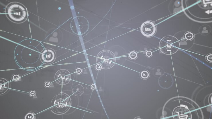 Animazione di una rete di connessioni con icone su sfondo grigio