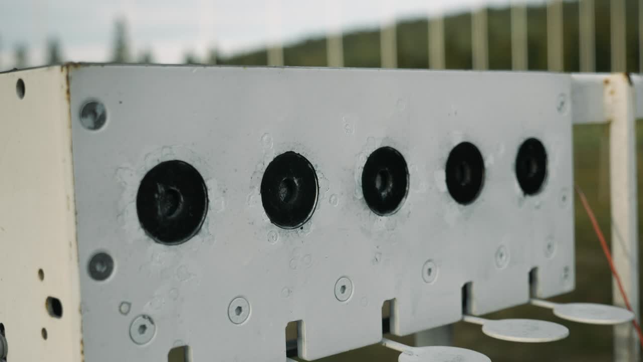 Close up view of shooting range at biathlon stadium. Biathlon targets shooting. Winter sports concept