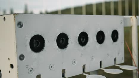 close up view of shooting range at biathlon stadium. biathlon targets shooting. winter sports concept