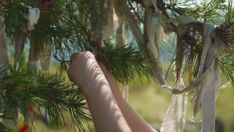 las manos de la mujer atan una tira de tela simbólica en la rama del árbol de los deseos