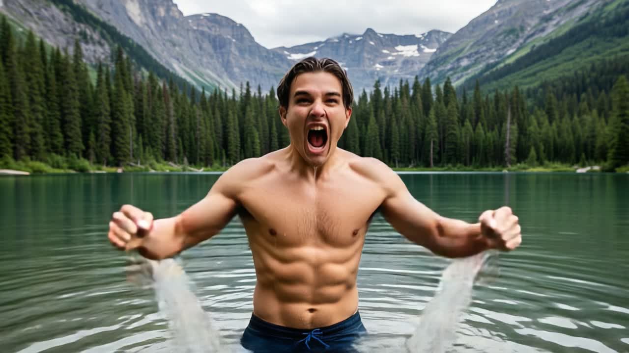 A Young Man Erupts with Joy in a Serene Mountain Lake, Showcasing Strength and Excitement Against a Backdrop of Lush Forests and Majestic Peaks