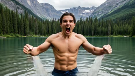 a young man erupts with joy in a serene mountain lake, showcasing strength and excitement against a backdrop of lush forests and majestic peaks
