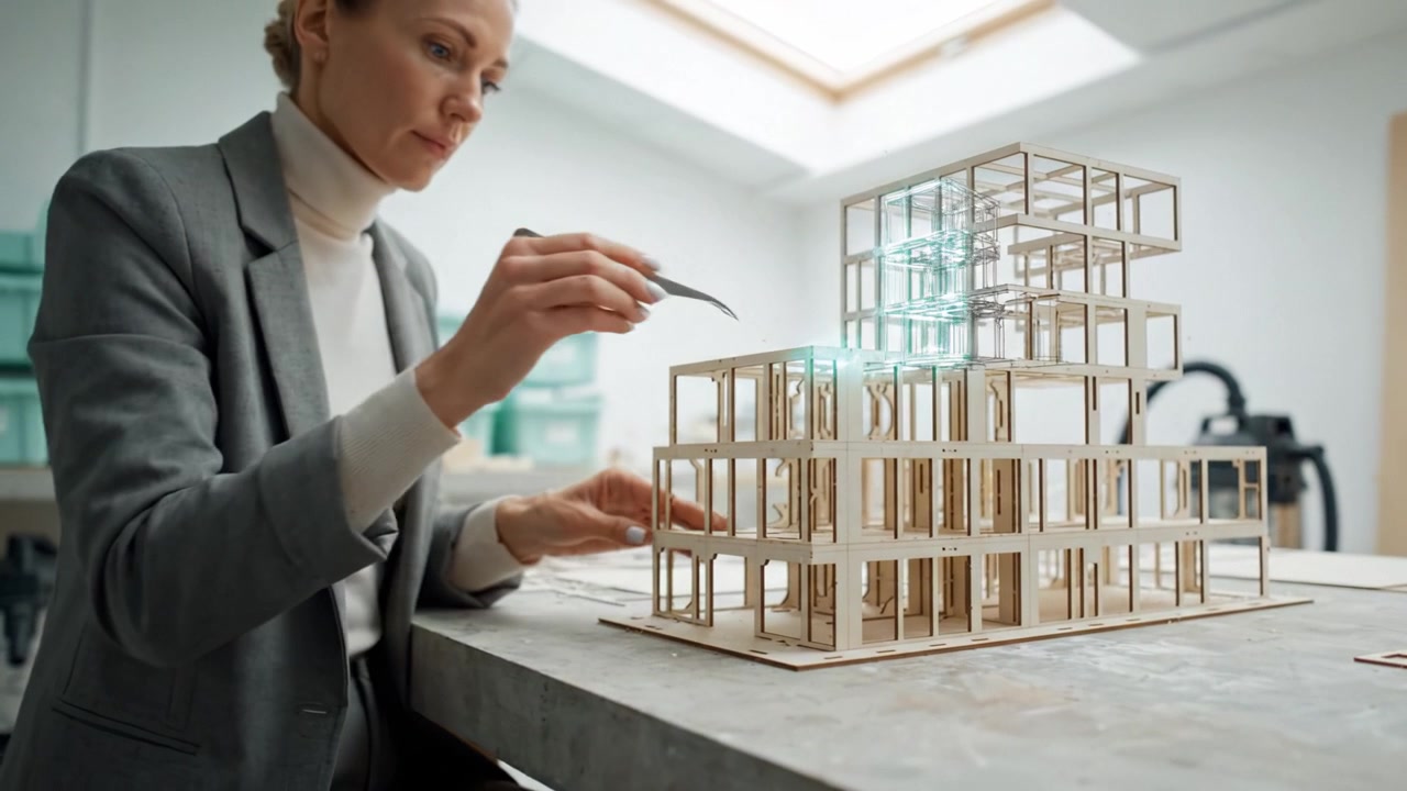 Architetto in Studio che Lavora su un Modello in Scala Dettagliato di un Edificio Moderno, Concentrandosi sugli Elementi di Design con Precisione e Creatività in uno Spazio di Lavoro Luminoso.