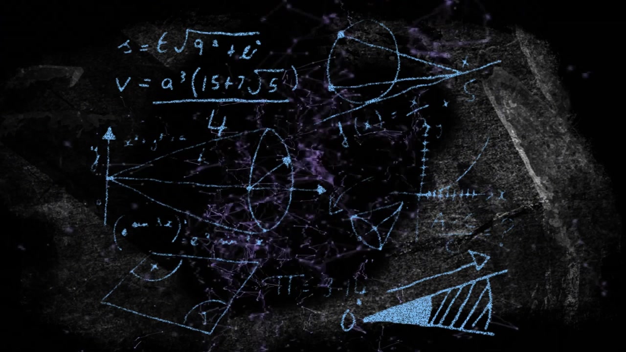 Mathematical diagrams floating over dark grungy wall, purple neural-web pattern glowing underneath
