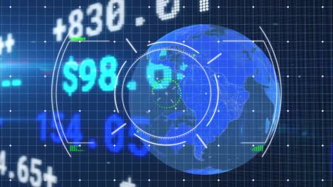 Animation-of-scope-scanning-and-globe-over-data-processing-and-stock-market