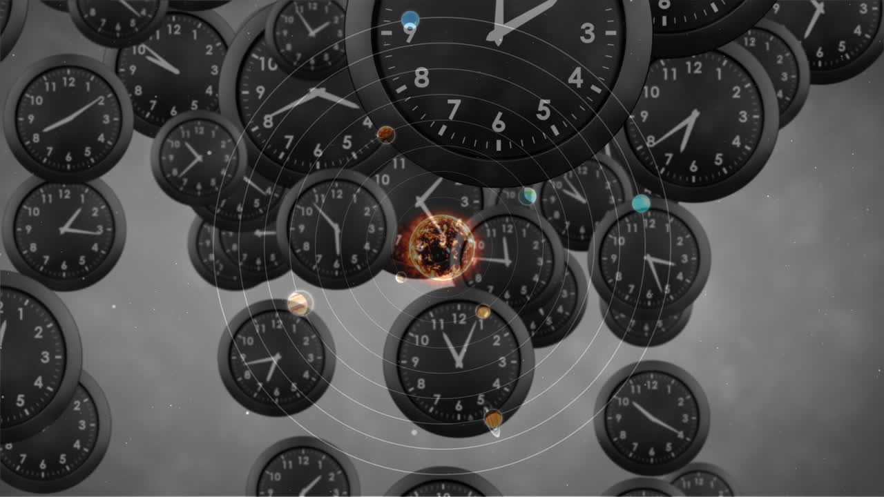 Animation of solar systems, planets and space over clocks ticking