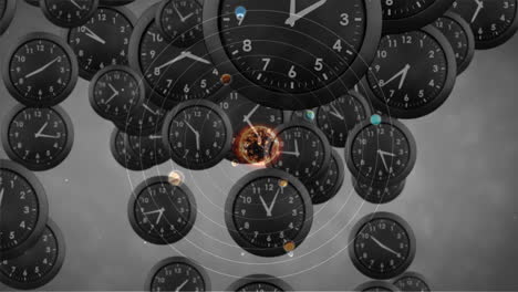 animación de sistemas solares, planetas y espacio sobre relojes que tiquetean