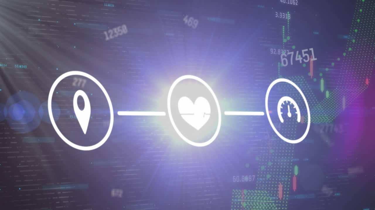 변하는 숫자의 애니메이션, 디지털 아이콘 네트워크, 라이트 스 및 금융 데이터 처리