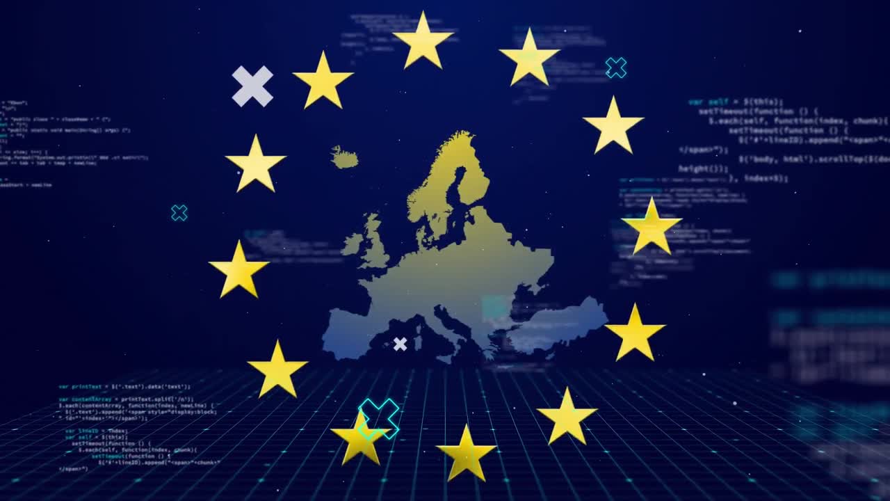 Stelle gialle che ruotano su elaborazione dati su mappa dell'UE.
